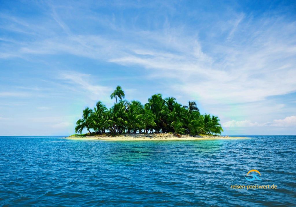 Eine einsame Insel im Meer - Karibikinsel mit Palmen und Strand