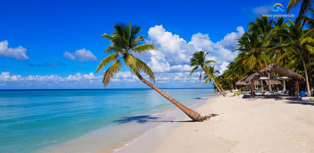 paradiesischer Strand in der Dominikanischen Republik - Palmen, Meer, blauer Himmel und Liegen am Strand