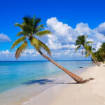 paradiesischer Strand in der Dominikanischen Republik, Palmen am Strand - blaues Meer und Liegen am Strand