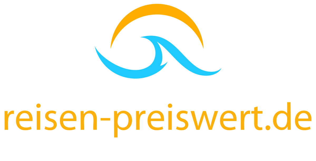 Logo von reisen-preiswert.de - gelber Bogen als Sonne, darunter blaue Wellen