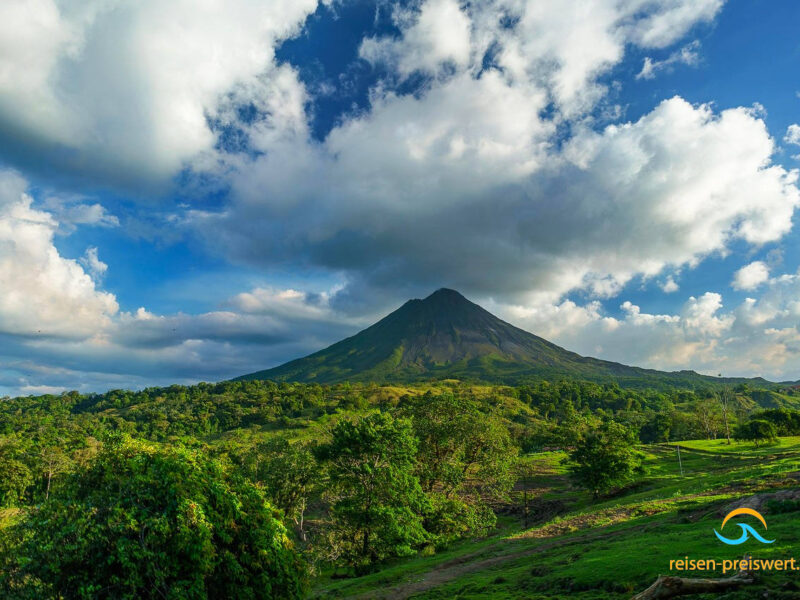 Blick auf den Vulkan Arenal auf Costa Rica - im Vordergrund grüner Regenwald