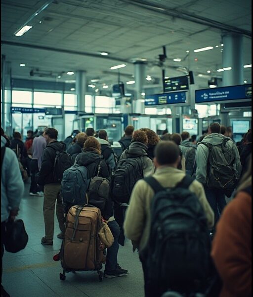 EES-Grenzkontrolle am Flughafen – Reisende warten an der Passkontrolle