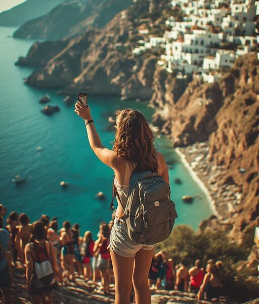 Tourist macht Selfie an Social-Media-Hotspot im Urlaub, während andere Reisende in der Schlange warten