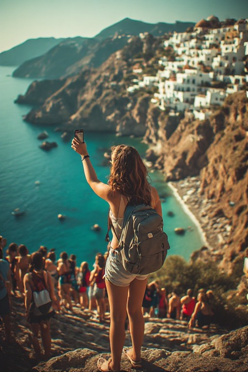 Tourist macht Selfie an Social-Media-Hotspot im Urlaub, während andere Reisende in der Schlange warten