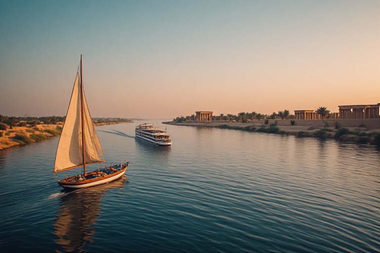Nilkreuzfahrt bei Sonnenuntergang: Kreuzfahrtschiff und Feluke auf dem Nil in Oberägypten
