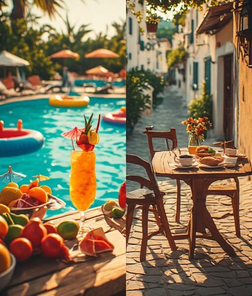 All Inclusive oder Halbpension: Rundum-sorglos am Pool oder Freiheit für eigene Entdeckungen? Das Bild zeigt auf einer Seite eine Pool mit AI Angebot und auf der anderen Seite einen einzelnen Tisch mit normalen Frühstück.