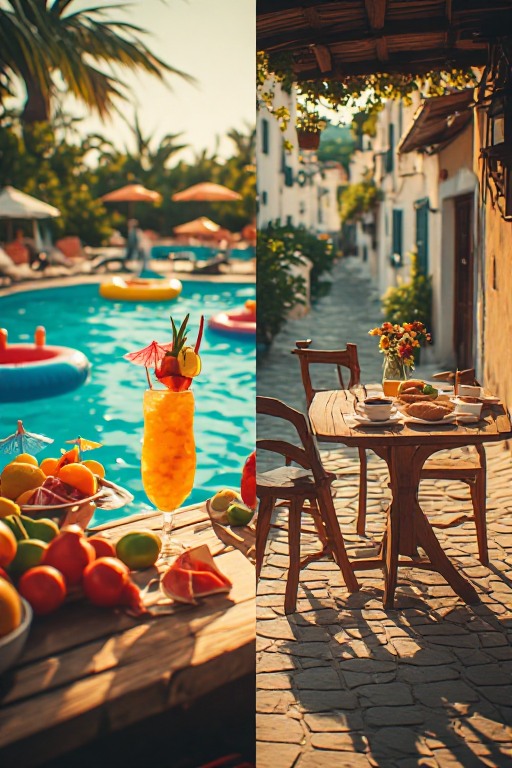 All Inclusive oder Halbpension: Rundum-sorglos am Pool oder Freiheit für eigene Entdeckungen? Das Bild zeigt auf einer Seite eine Pool mit AI Angebot und auf der anderen Seite einen einzelnen Tisch mit normalen Frühstück.