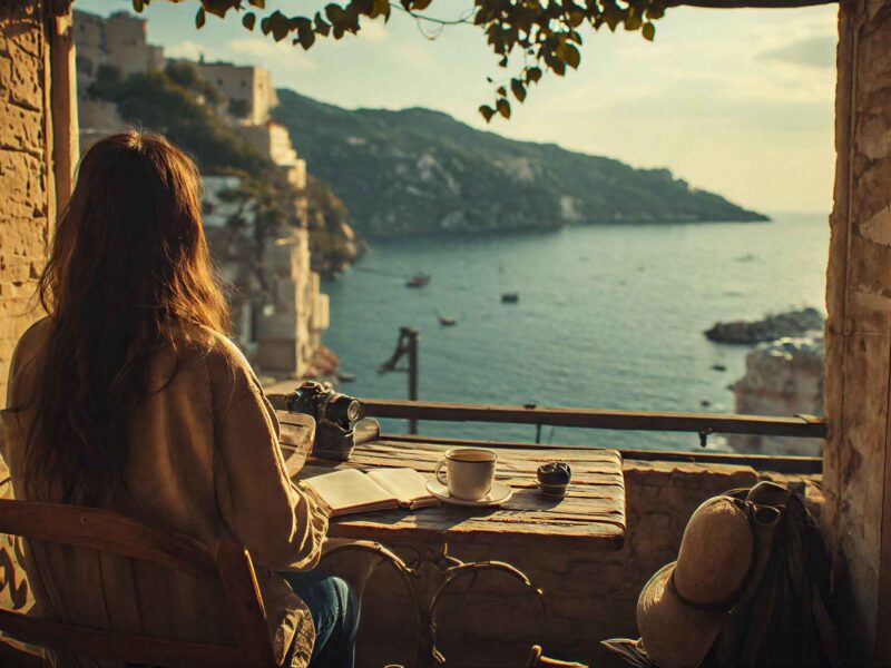 Alleinreisende Person sitzt entspannt an einem Café-Tisch mit Blick auf eine Mittelmeerküste, Kaffee und Reisetagebuch auf dem Tisch, goldenes Abendlicht