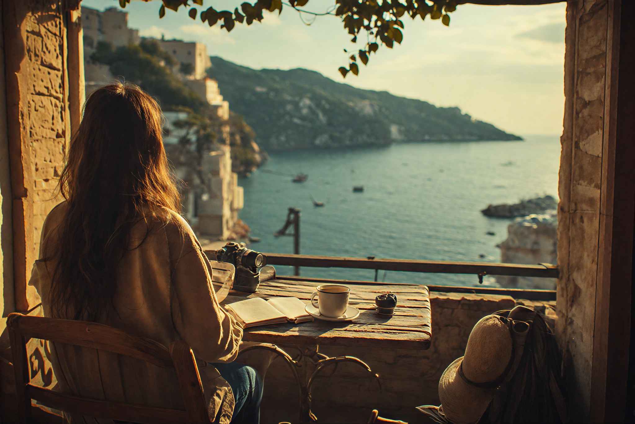Alleinreisende Person sitzt entspannt an einem Café-Tisch mit Blick auf eine Mittelmeerküste, Kaffee und Reisetagebuch auf dem Tisch, goldenes Abendlicht
