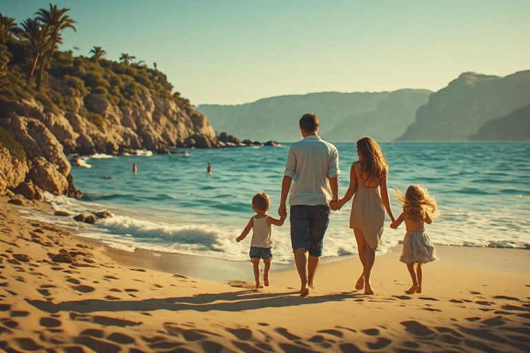 Familie mit zwei Kindern spaziert im Herbstlicht am nahezu leeren Sandstrand, ruhiges türkisfarbenes Meer im Hintergrund