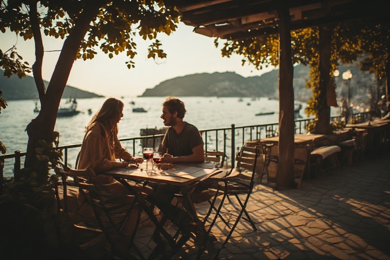 Paar sitzt bei Sonnenuntergang an einem ruhigen Tisch mit Meerblick auf einer nahezu leeren Promenade, Herbst- oder Frühlingsstimmung