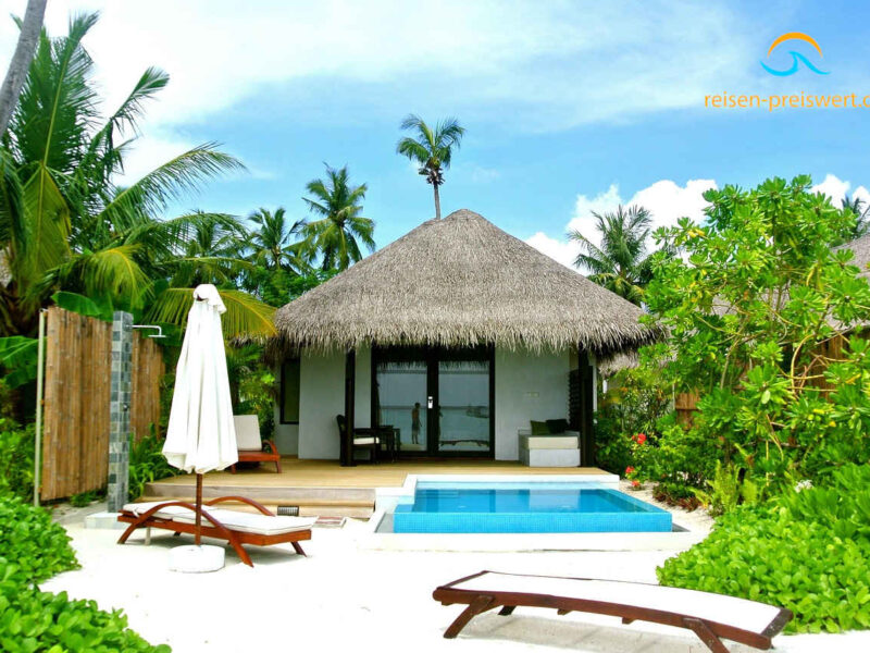 Strandvilla mit Palmendach und privatem Pool am weißen Sandstrand auf den Malediven, umgeben von Palmen